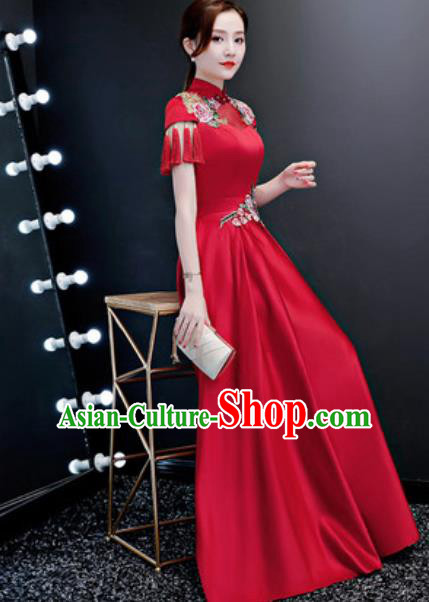 Top Compere Catwalks Embroidered Peony Wine Red Full Dress Evening Party Costume for Women