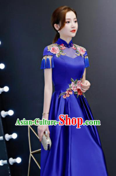 Top Compere Catwalks Embroidered Peony Royalblue Full Dress Evening Party Costume for Women