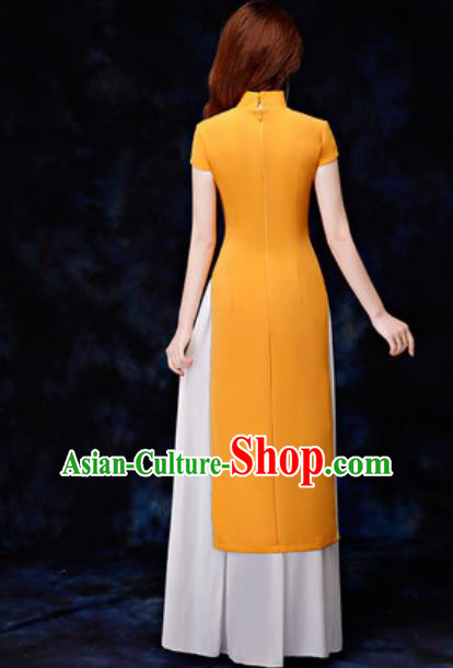 Chinese Traditional Printing Yellow Qipao Dress Compere Cheongsam Costume for Women