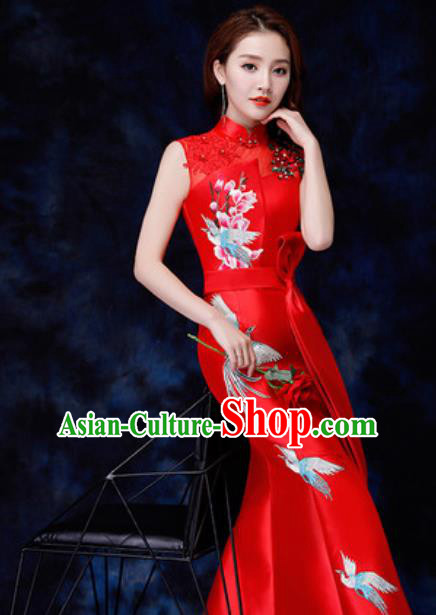 Chinese Traditional Embroidered Birds Red Qipao Dress Compere Cheongsam Costume for Women