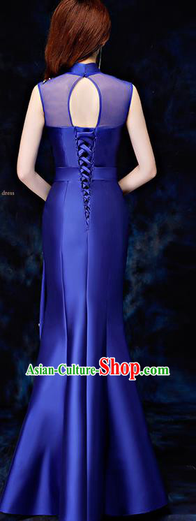 Chinese Traditional Embroidered Birds Royalblue Qipao Dress Compere Cheongsam Costume for Women