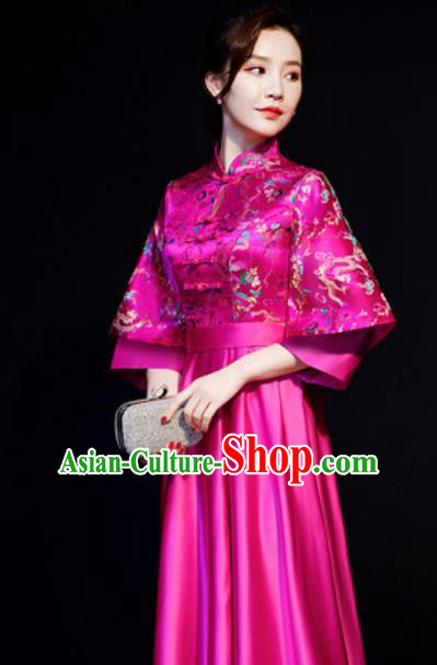 Chinese Traditional Bridesmaid Embroidered Rosy Full Dress Spring Festival Gala Compere Cheongsam Costume for Women