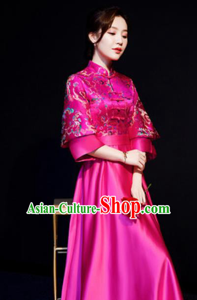Chinese Traditional Bridesmaid Embroidered Rosy Full Dress Spring Festival Gala Compere Cheongsam Costume for Women