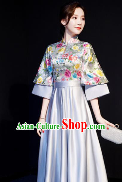 Chinese Traditional Bridesmaid Embroidered Grey Full Dress Spring Festival Gala Compere Cheongsam Costume for Women