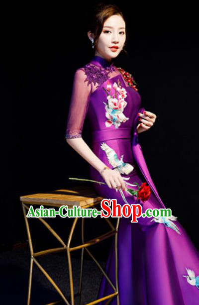 Top Compere Embroidered Purple Full Dress Evening Party Costume for Women