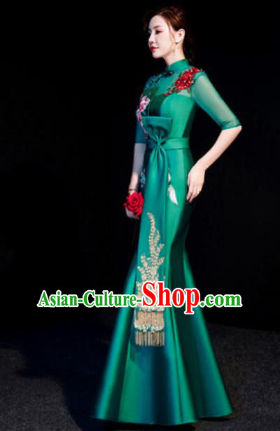 Top Compere Embroidered Green Full Dress Evening Party Costume for Women