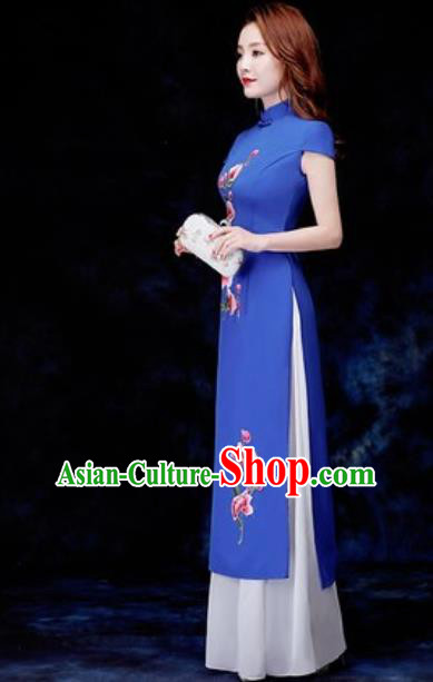 Chinese Traditional Embroidered Royalblue Qipao Dress Compere Cheongsam Costume for Women