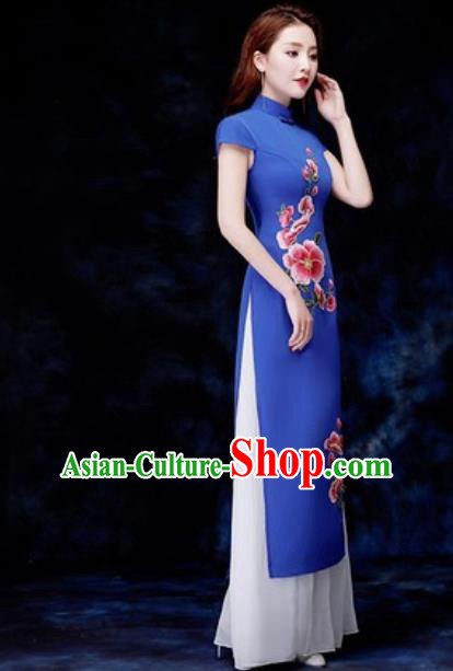 Chinese Traditional Embroidered Royalblue Qipao Dress Compere Cheongsam Costume for Women