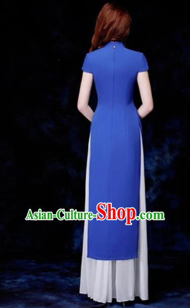 Chinese Traditional Embroidered Royalblue Qipao Dress Compere Cheongsam Costume for Women