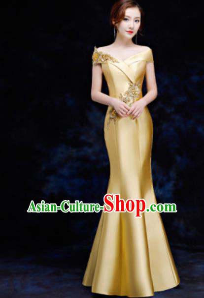 Top Compere Catwalks Embroidered Golden Full Dress Evening Party Compere Costume for Women