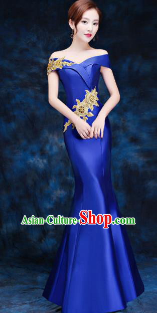 Top Compere Catwalks Embroidered Royalblue Full Dress Evening Party Compere Costume for Women