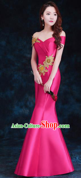Top Compere Catwalks Embroidered Rosy Full Dress Evening Party Compere Costume for Women