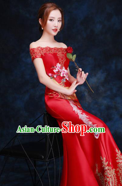 Top Compere Catwalks Embroidered Mangnolia Red Full Dress Evening Party Compere Costume for Women