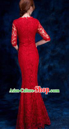 Top Compere Catwalks Red Lace Full Dress Evening Party Compere Costume for Women