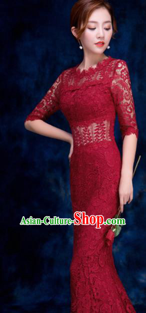 Top Compere Catwalks Wine Red Lace Full Dress Evening Party Compere Costume for Women