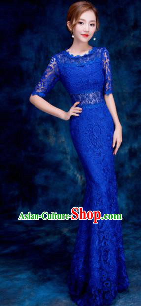 Top Compere Catwalks Royalblue Lace Full Dress Evening Party Compere Costume for Women