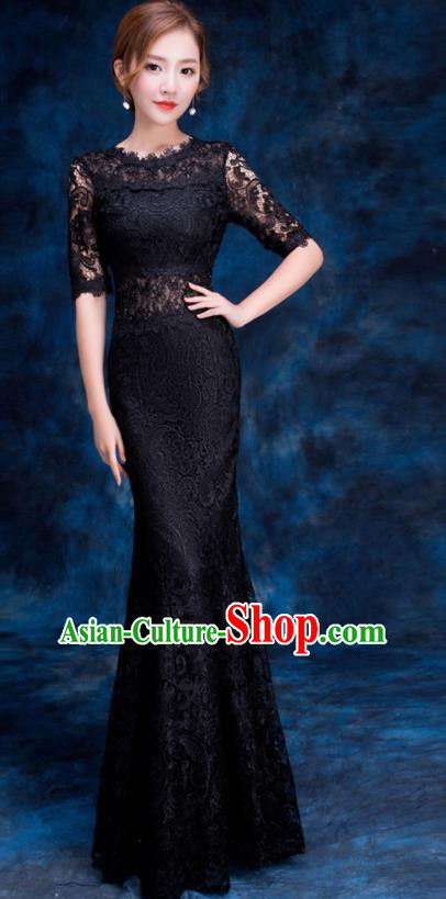 Top Compere Catwalks Black Lace Full Dress Evening Party Compere Costume for Women