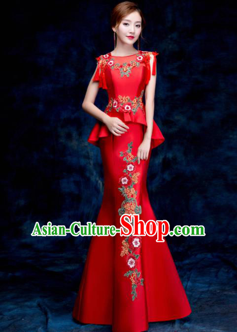 Top Compere Catwalks Embroidered Peony Red Full Dress Evening Party Compere Costume for Women