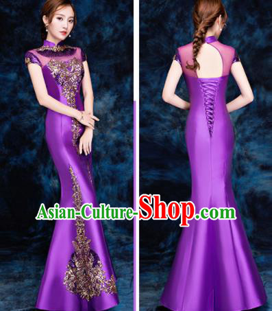 Chinese Traditional Embroidered Sequins Purple Qipao Dress Compere Cheongsam Costume for Women