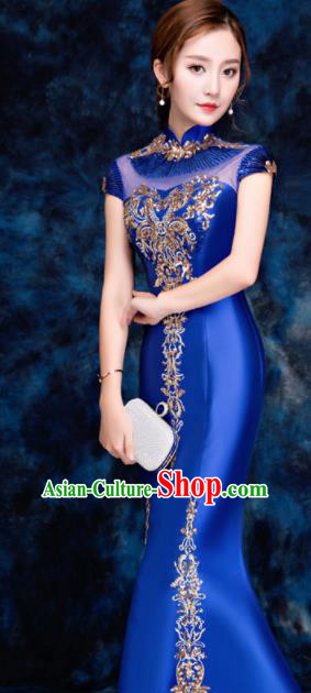 Chinese Traditional Embroidered Sequins Royalblue Qipao Dress Compere Cheongsam Costume for Women