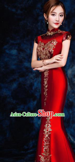 Chinese Traditional Embroidered Sequins Red Qipao Dress Compere Cheongsam Costume for Women