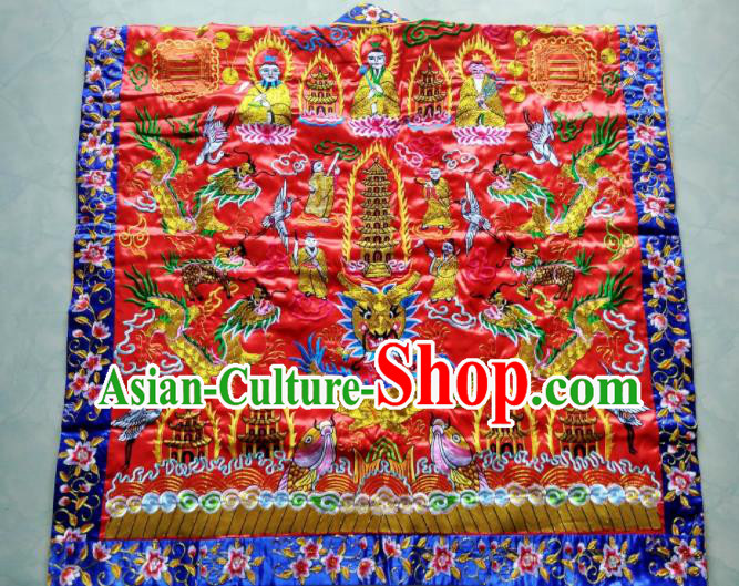 Chinese National Quanzhen Red Taoist Frock Embroidered Cranes Cassock Traditional Taoism Rites Costume for Men
