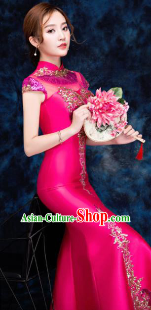 Chinese Traditional Embroidered Sequins Rosy Qipao Dress Compere Cheongsam Costume for Women