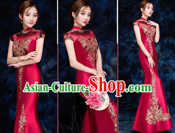 Chinese Traditional Embroidered Sequins Wine Red Qipao Dress Compere Cheongsam Costume for Women