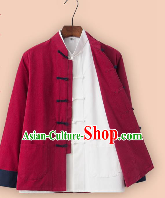 Chinese National Tang Suit Red Linen Jacket and Shirt Traditional Martial Arts Costumes for Men