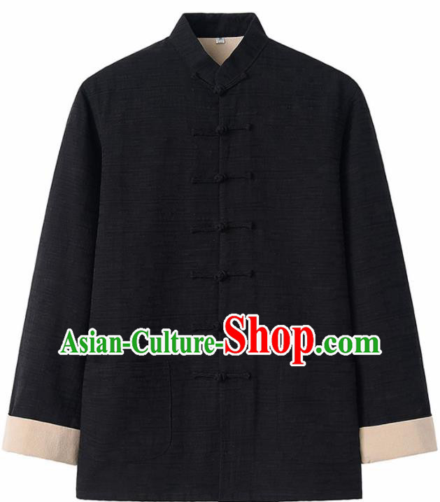 Chinese National Tang Suit Black Flax Jacket Overcoat Traditional Martial Arts Costumes for Men