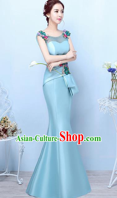 Top Compere Catwalks Light Blue Satin Full Dress Evening Party Compere Costume for Women
