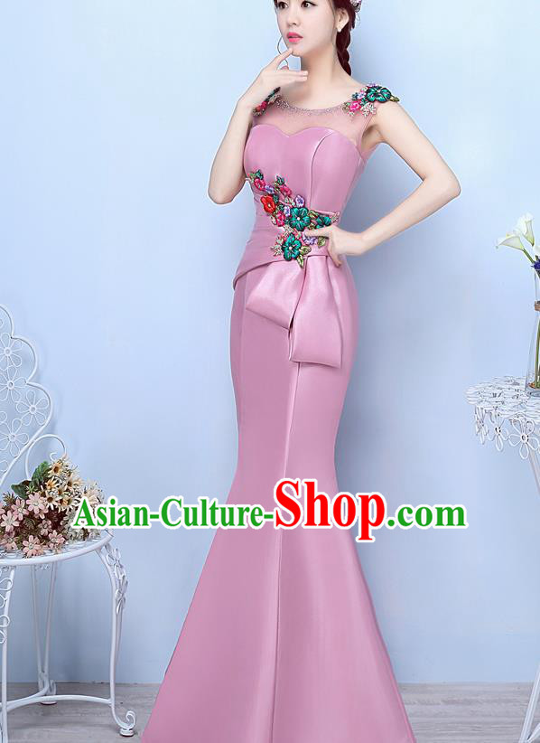 Top Compere Catwalks Pink Satin Full Dress Evening Party Compere Costume for Women