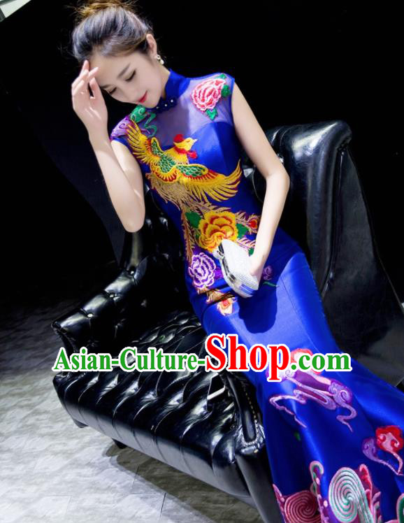 Chinese Traditional Embroidered Phoenix Peony Royalblue Qipao Dress Compere Cheongsam Costume for Women