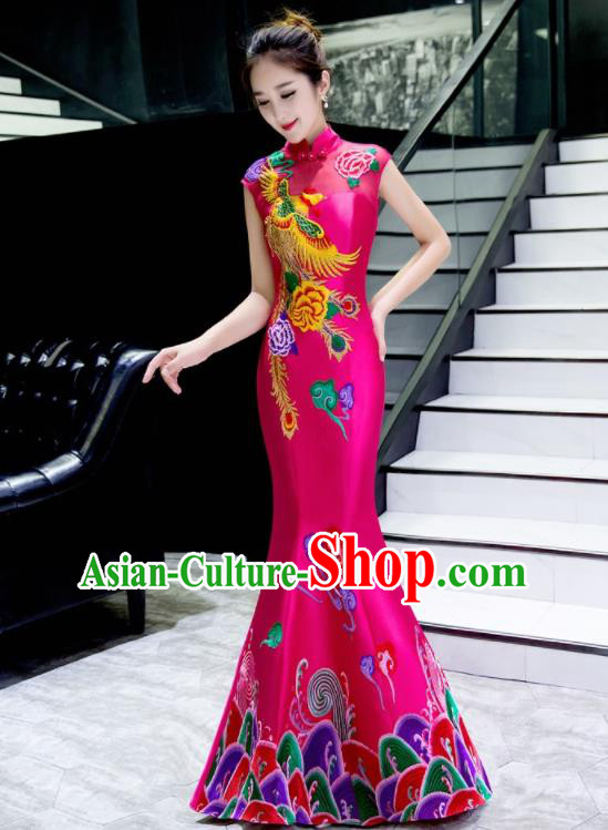 Chinese Traditional Embroidered Phoenix Peony Rosy Qipao Dress Compere Cheongsam Costume for Women