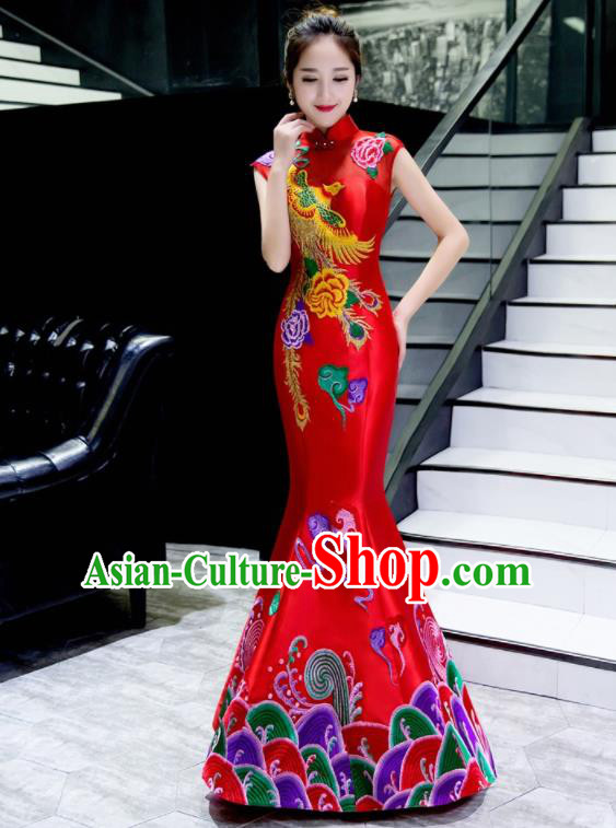 Chinese Traditional Embroidered Phoenix Peony Red Qipao Dress Compere Cheongsam Costume for Women