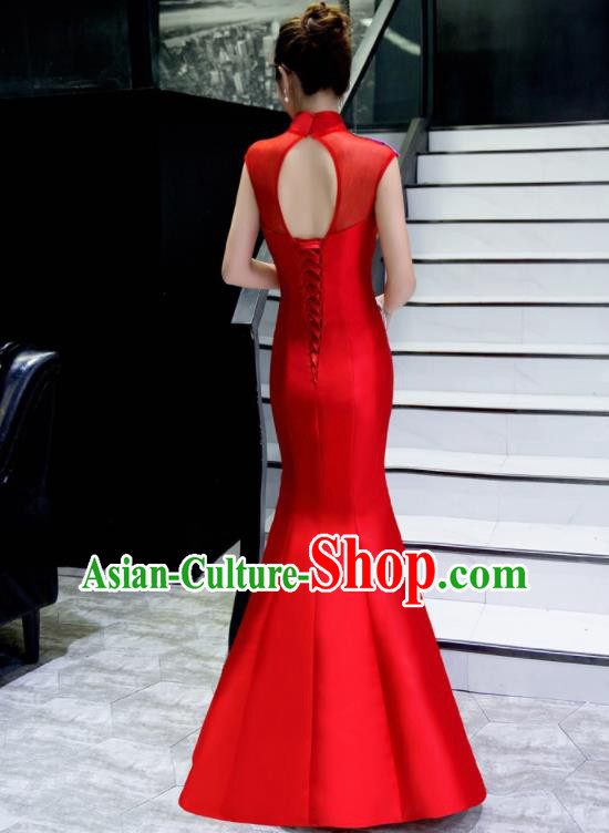 Chinese Traditional Embroidered Phoenix Peony Red Qipao Dress Compere Cheongsam Costume for Women