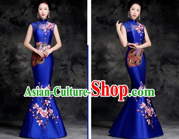 Chinese Traditional Embroidered Peacock Mangnolia Royalblue Qipao Dress Compere Cheongsam Costume for Women