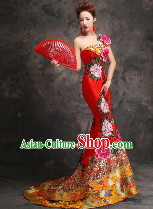 Chinese Traditional Embroidered Peony Red Trailing Qipao Dress Compere Cheongsam Costume for Women
