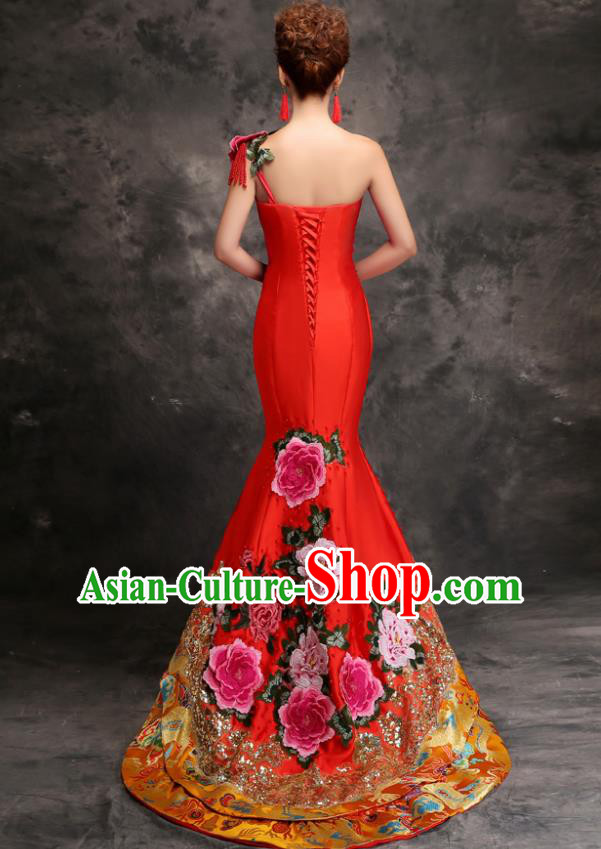 Chinese Traditional Embroidered Peony Red Trailing Qipao Dress Compere Cheongsam Costume for Women