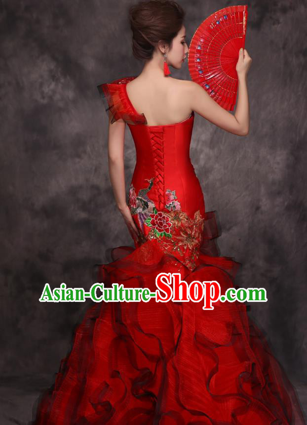 Chinese Traditional Wedding Embroidered Peacock Peony Red Qipao Dress Compere Cheongsam Costume for Women