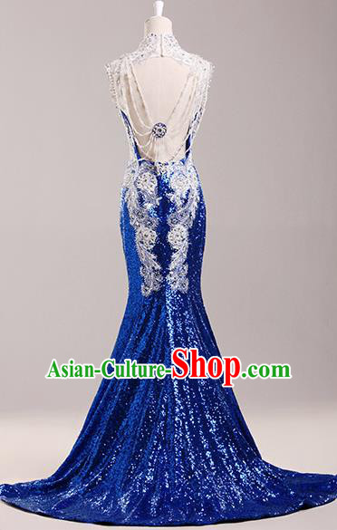 Top Compere Catwalks Royalblue Diamante Sequins Full Dress Evening Party Compere Costume for Women