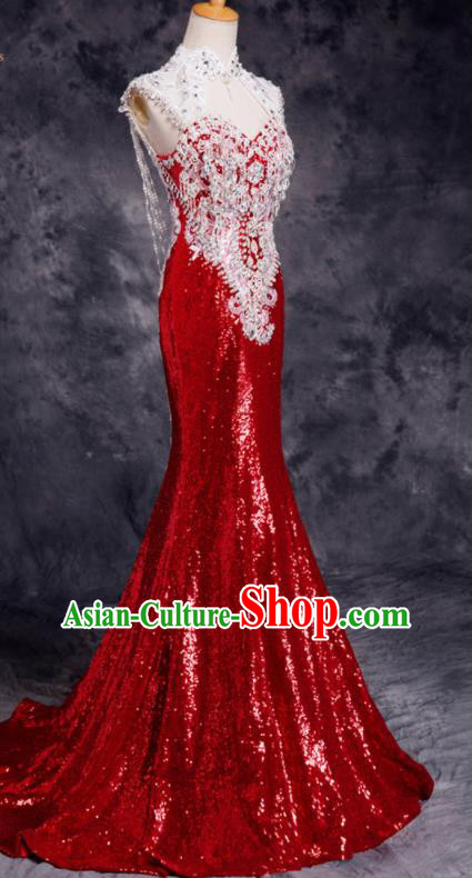 Top Compere Catwalks Red Diamante Sequins Full Dress Evening Party Compere Costume for Women