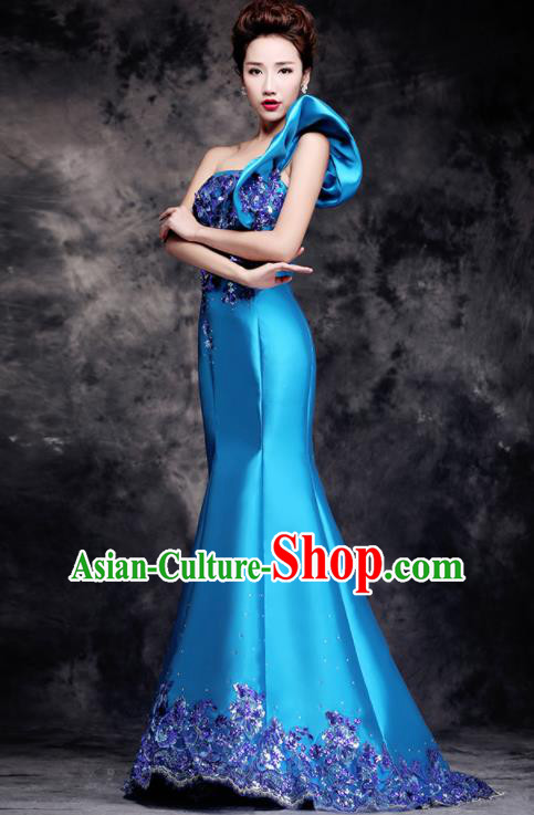 Top Compere Catwalks Diamante Single Shoulder Blue Full Dress Evening Party Compere Costume for Women