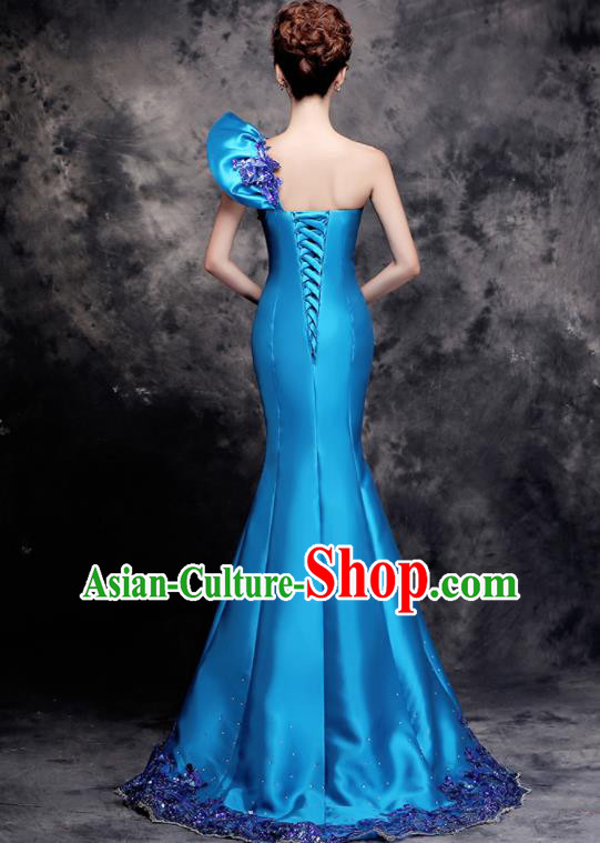 Top Compere Catwalks Diamante Single Shoulder Blue Full Dress Evening Party Compere Costume for Women