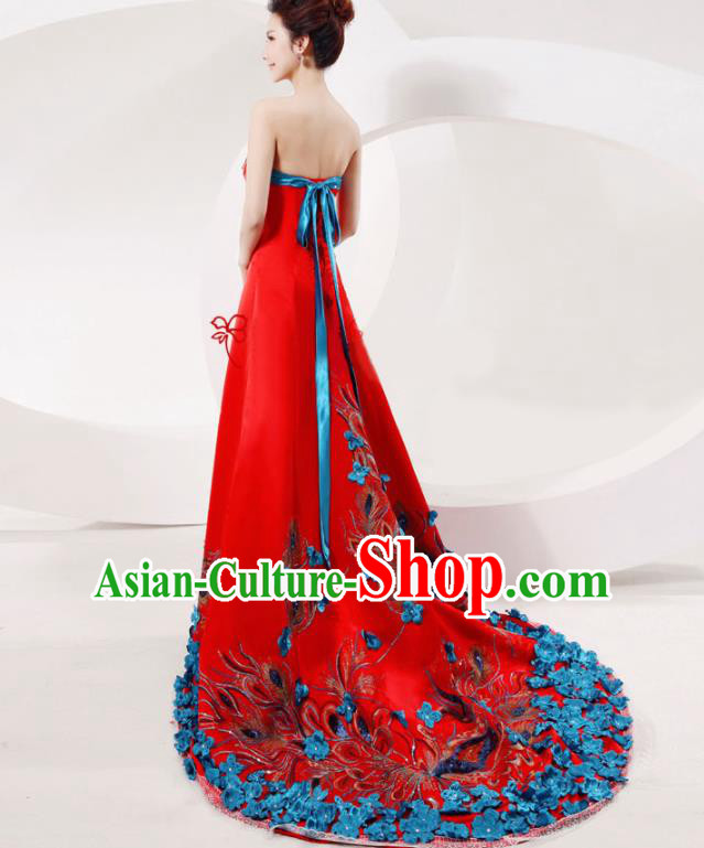 Chinese Traditional Wedding Bride Red Full Dress Compere Cheongsam Costume for Women