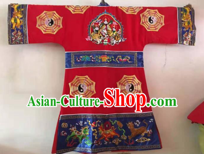 Chinese National Taoist Embroidered Red Priest Frock Cassock Traditional Taoism Rites Costume for Men