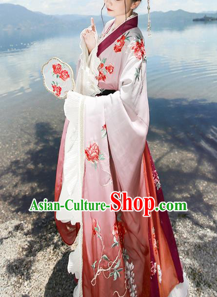 Chinese Jin Dynasty Court Princess Wine Red Embroidered Dress Traditional Ancient Flowers Goddess Costumes for Women