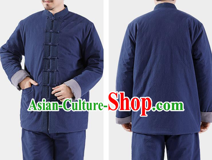 Chinese National Navy Cotton Wadded Jacket and Pants Traditional Tang Suit Martial Arts Costumes Complete Set for Men