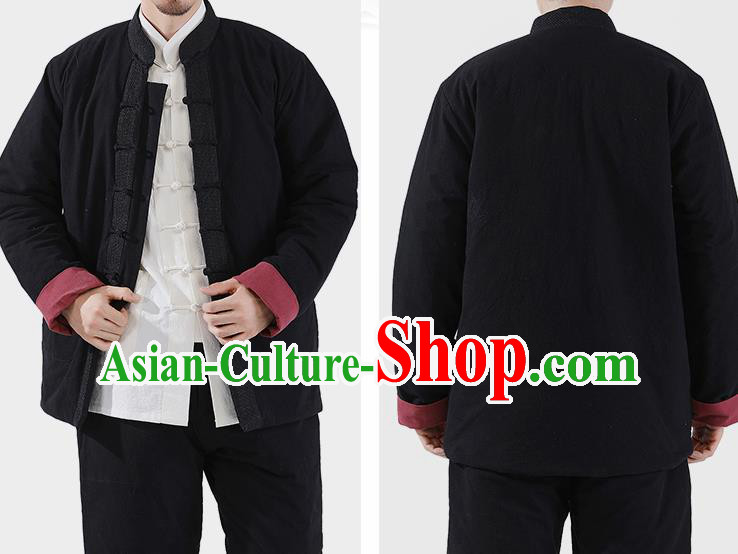 Chinese National Black Cotton Wadded Jacket and Pants Traditional Tang Suit Martial Arts Costumes Complete Set for Men