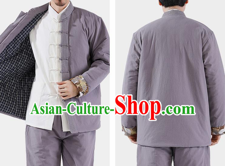 Chinese National Grey Cotton Wadded Jacket and Pants Traditional Tang Suit Martial Arts Costumes Complete Set for Men
